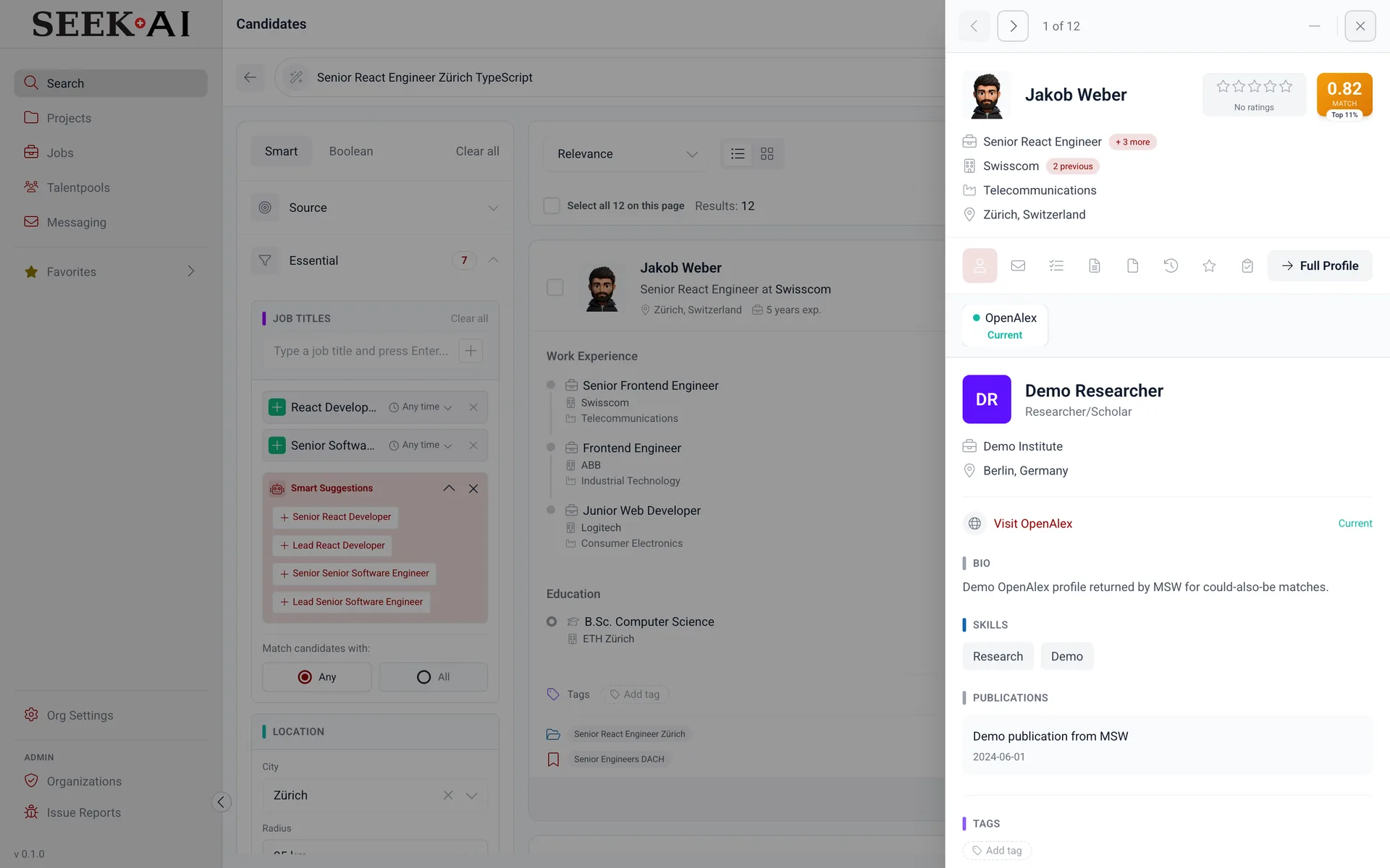 SEEK AI search results page with the candidate preview drawer open on the right.